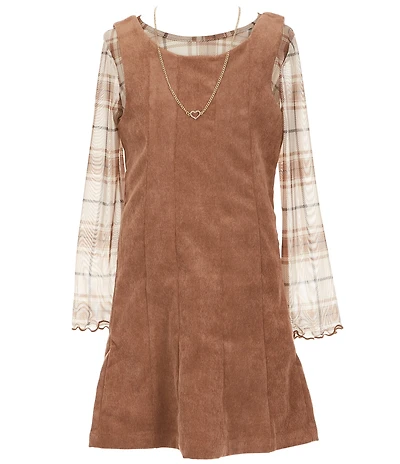 Rare Editions Big Girls Corduroy Jumper Dress And Plaid Mesh Long Sleeve T-Shirt Set