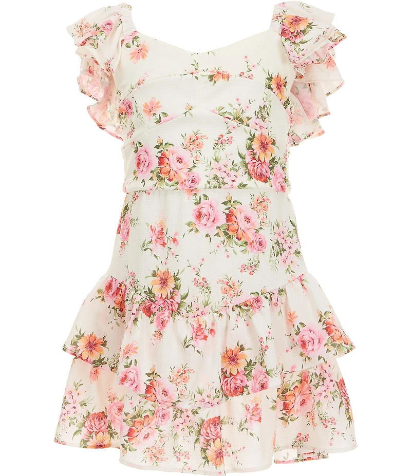Rare Editions Big Girls Crepe Flutter Sleeve Sweetheart Neckline 2-Tiered Drop Waist Floral Romper