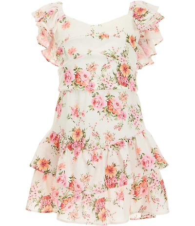 Rare Editions Big Girls Crepe Flutter Sleeve Sweetheart Neckline 2-Tiered Drop Waist Floral Romper