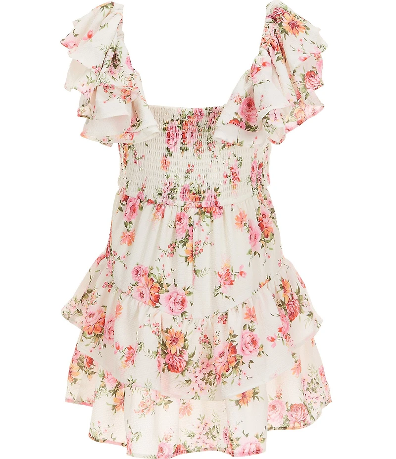 Rare Editions Big Girls Crepe Flutter Sleeve Sweetheart Neckline 2-Tiered Drop Waist Floral Romper