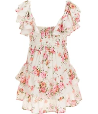 Rare Editions Big Girls Crepe Flutter Sleeve Sweetheart Neckline 2-Tiered Drop Waist Floral Romper