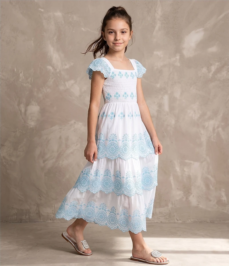 Rare Editions Big Girls Flutter-Sleeve Eyelet-Embroidered Border-Pattern Dress