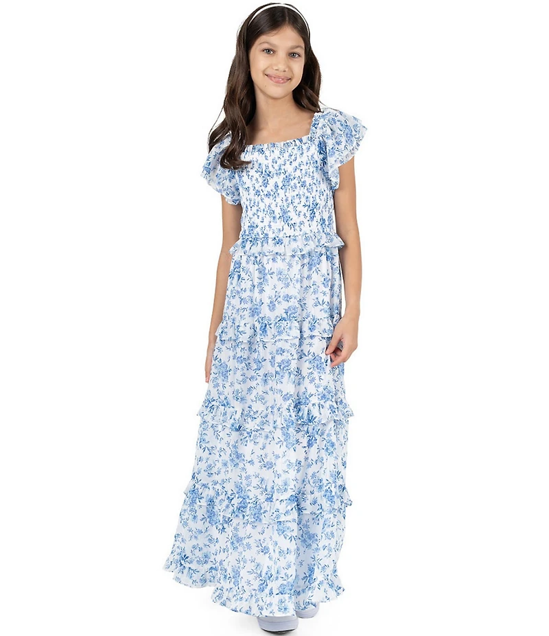 Rare Editions Big Girls Flutter-Sleeve Floral-Printed Chiffon Dress