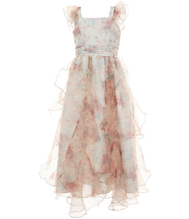 Rare Editions Big Girls Flutter Sleeve Floral-Printed Organza Dress