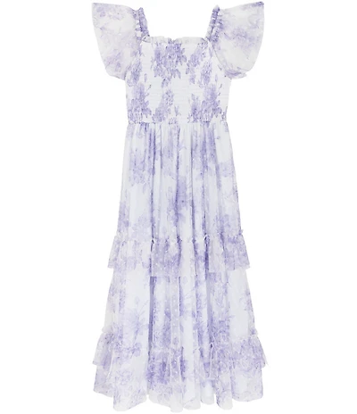 Rare Editions Big Girls Flutter-Sleeve Floral/Clip-Dot Patterned Long Dress