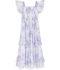 Rare Editions Big Girls Flutter-Sleeve Floral/Clip-Dot Patterned Long Dress