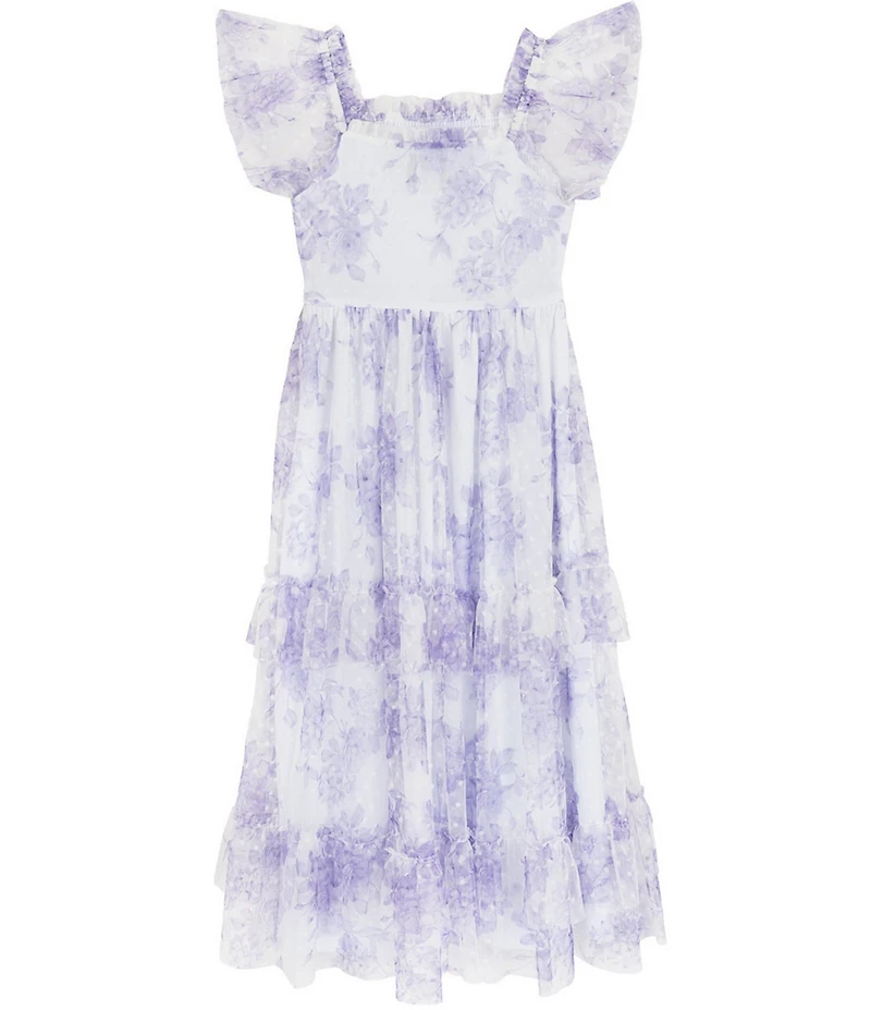 Rare Editions Big Girls Flutter-Sleeve Floral/Clip-Dot Patterned Long Dress