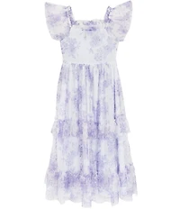 Rare Editions Big Girls Flutter-Sleeve Floral/Clip-Dot Patterned Long Dress