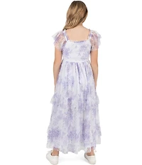 Rare Editions Big Girls Flutter-Sleeve Floral/Clip-Dot Patterned Long Dress