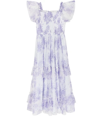 Rare Editions Big Girls Flutter-Sleeve Floral/Clip-Dot Patterned Long Dress