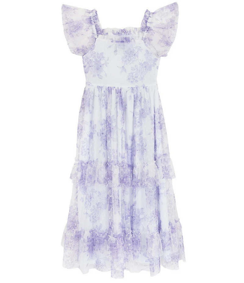 Rare Editions Big Girls Flutter-Sleeve Floral/Clip-Dot Patterned Long Dress