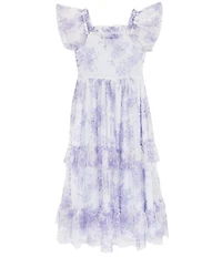 Rare Editions Big Girls Flutter-Sleeve Floral/Clip-Dot Patterned Long Dress