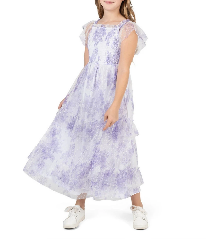 Rare Editions Big Girls Flutter-Sleeve Floral/Clip-Dot Patterned Long Dress