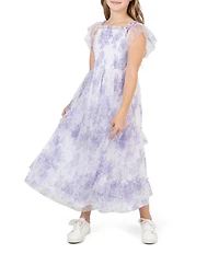 Rare Editions Big Girls Flutter-Sleeve Floral/Clip-Dot Patterned Long Dress