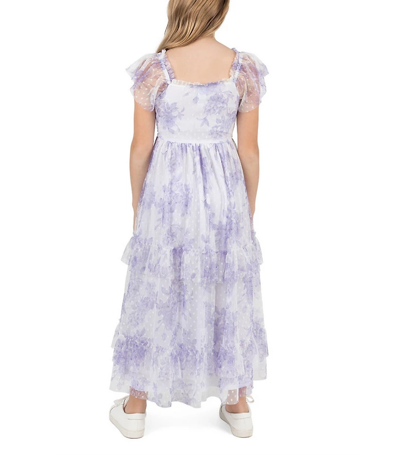 Rare Editions Big Girls Flutter-Sleeve Floral/Clip-Dot Patterned Long Dress