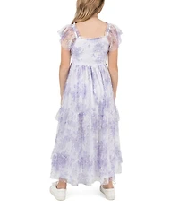 Rare Editions Big Girls Flutter-Sleeve Floral/Clip-Dot Patterned Long Dress