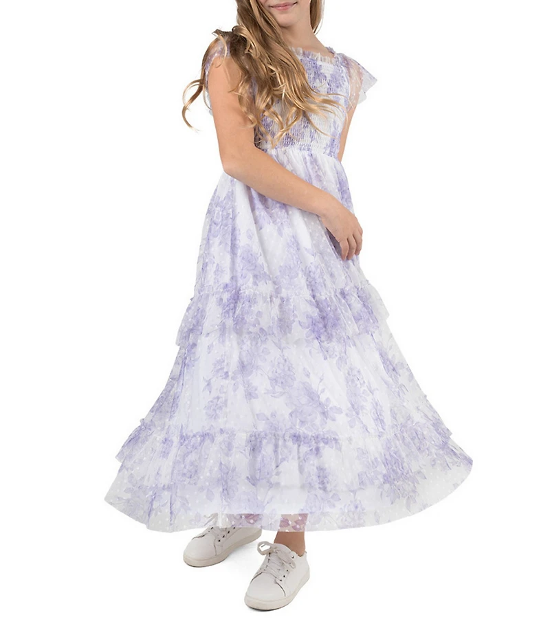 Rare Editions Big Girls Flutter-Sleeve Floral/Clip-Dot Patterned Long Dress