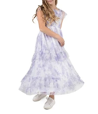 Rare Editions Big Girls Flutter-Sleeve Floral/Clip-Dot Patterned Long Dress
