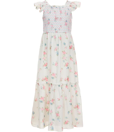 Rare Editions Big Girls Flutter-Sleeve Ditsy Floral Printed Smocked-Bodice Maxi Tiered Dress