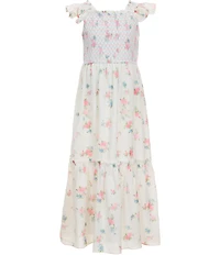 Rare Editions Big Girls Flutter-Sleeve Ditsy Floral Printed Smocked-Bodice Maxi Tiered Dress