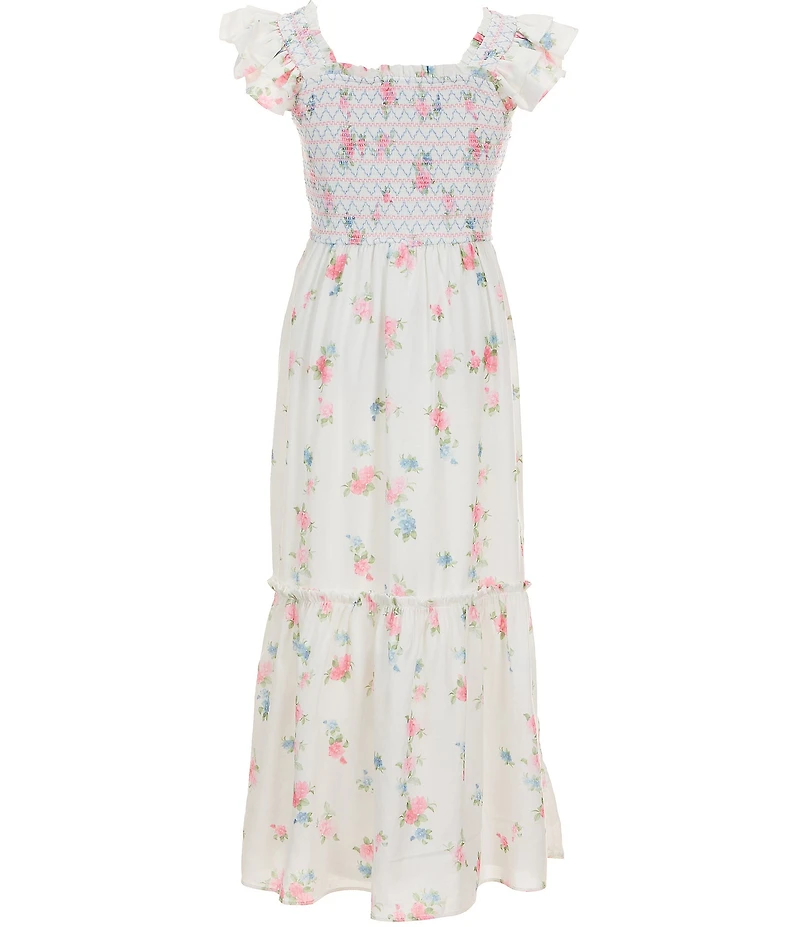 Rare Editions Big Girls Flutter-Sleeve Ditsy Floral Printed Smocked-Bodice Maxi Tiered Dress