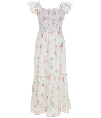 Rare Editions Big Girls Flutter-Sleeve Ditsy Floral Printed Smocked-Bodice Maxi Tiered Dress