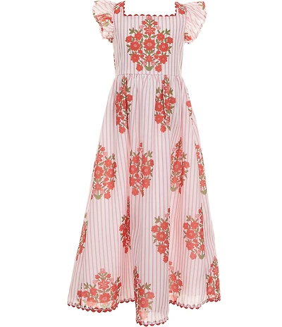 Rare Editions Big Girls Flutter Sleeve Square Neck Striped Block Floral Print Ric Rac Trim Maxi Dress