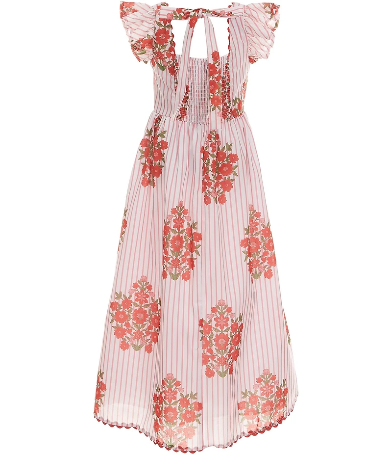 Rare Editions Big Girls Flutter Sleeve Square Neck Striped Block Floral Print Ric Rac Trim Maxi Dress