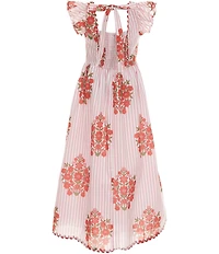 Rare Editions Big Girls Flutter Sleeve Square Neck Striped Block Floral Print Ric Rac Trim Maxi Dress