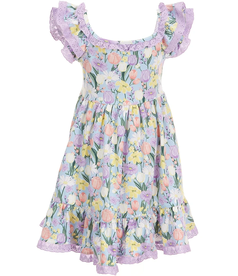Rare Editions Big Girls Flutter-Sleeve Tiered Eyelet Trim Flower-Printed Fit-And-Flare Dress