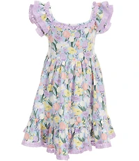 Rare Editions Big Girls Flutter-Sleeve Tiered Eyelet Trim Flower-Printed Fit-And-Flare Dress