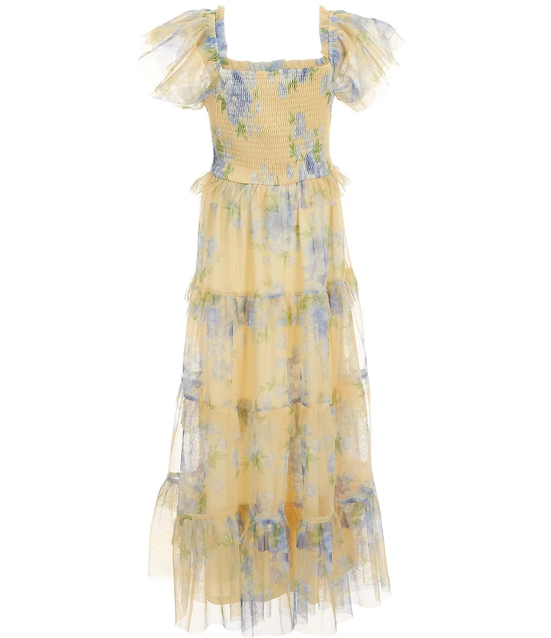 Rare Editions Big Girls Flutter Sleeve Shoulder Strap Floral Printed Maxi Dress