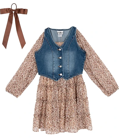 Rare Editions Big Girls Leopard Print Smocked Long Sleeve Chiffon Dress with Denim Vest Set