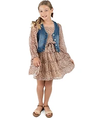 Rare Editions Big Girls Leopard Print Smocked Long Sleeve Chiffon Dress with Denim Vest Set