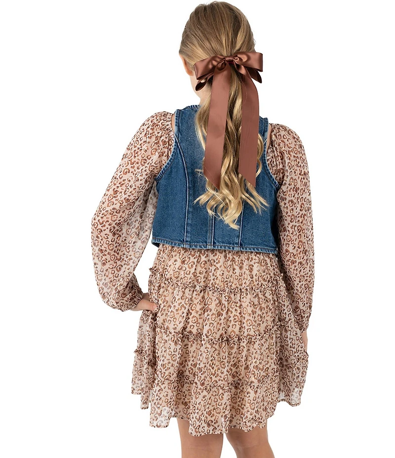 Rare Editions Big Girls Leopard Print Smocked Long Sleeve Chiffon Dress with Denim Vest Set