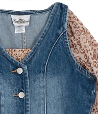 Rare Editions Big Girls Leopard Print Smocked Long Sleeve Chiffon Dress with Denim Vest Set