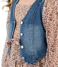 Rare Editions Big Girls Leopard Print Smocked Long Sleeve Chiffon Dress with Denim Vest Set