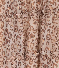 Rare Editions Big Girls Leopard Print Smocked Long Sleeve Chiffon Dress with Denim Vest Set