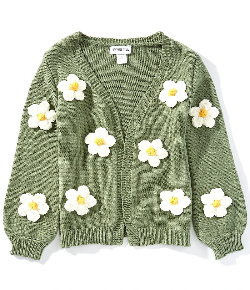 Rare Editions Big Girls Long Sleeve 3D Flower Knit Cardigan