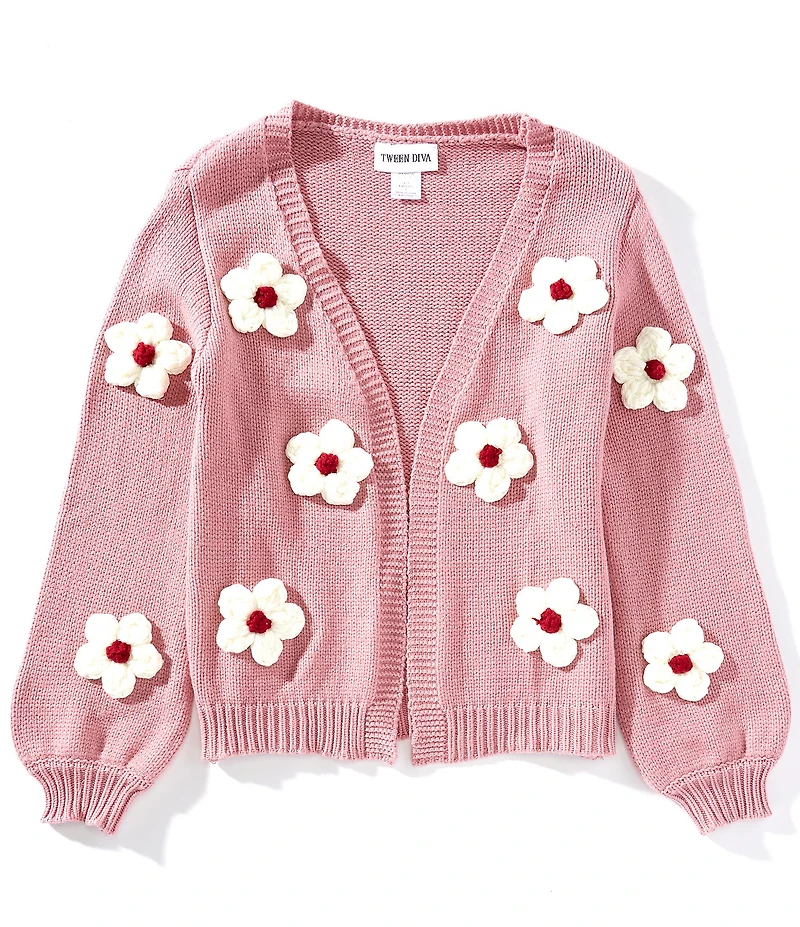 Rare Editions Big Girls Long Sleeve 3D Flower Knit Cardigan