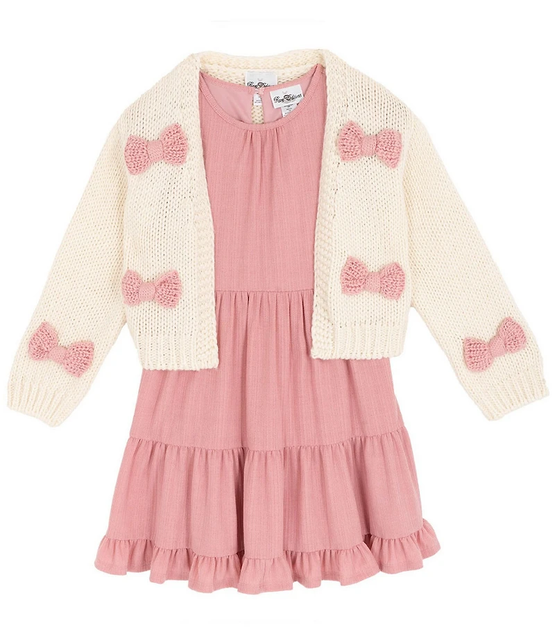 Rare Editions Big Girls Long-Sleeve Bow-Accented Chunky-Knit Cardigan & Sleeveless Textured-Knit Fit-And-Flare Dress Set