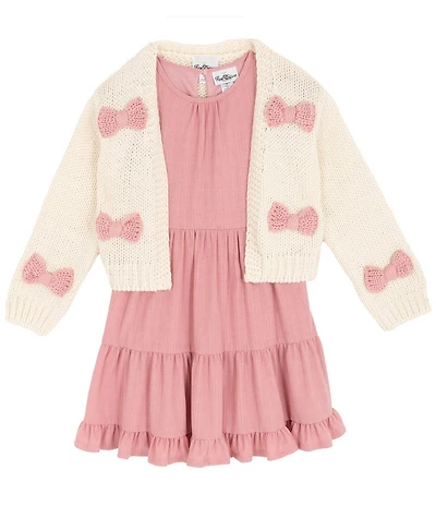 Rare Editions Big Girls Long-Sleeve Bow-Accented Chunky-Knit Cardigan & Sleeveless Textured-Knit Fit-And-Flare Dress Set