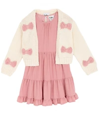 Rare Editions Big Girls Long-Sleeve Bow-Accented Chunky-Knit Cardigan & Sleeveless Textured-Knit Fit-And-Flare Dress Set