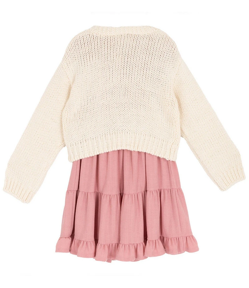 Rare Editions Big Girls Long-Sleeve Bow-Accented Chunky-Knit Cardigan & Sleeveless Textured-Knit Fit-And-Flare Dress Set