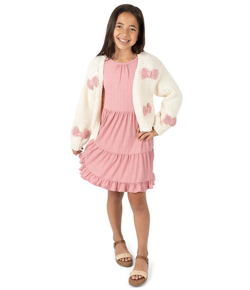Rare Editions Big Girls Long-Sleeve Bow-Accented Chunky-Knit Cardigan & Sleeveless Textured-Knit Fit-And-Flare Dress Set