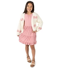 Rare Editions Big Girls Long-Sleeve Bow-Accented Chunky-Knit Cardigan & Sleeveless Textured-Knit Fit-And-Flare Dress Set
