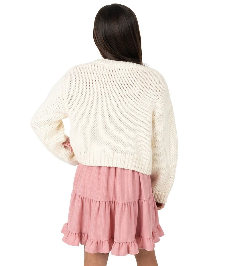 Rare Editions Big Girls Long-Sleeve Bow-Accented Chunky-Knit Cardigan & Sleeveless Textured-Knit Fit-And-Flare Dress Set
