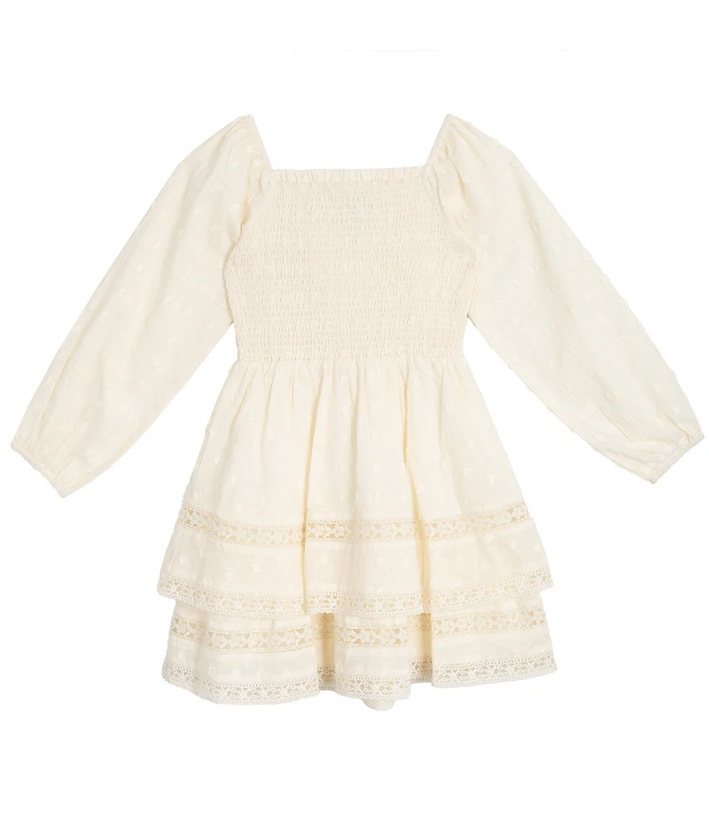 Rare Editions Big Girls Long-Sleeve Clip-Dotted Textured Woven Fit-And-Flare Dress