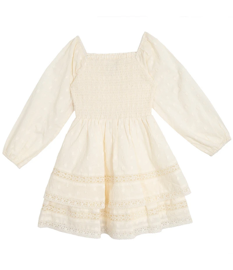 Rare Editions Big Girls Long-Sleeve Clip-Dotted Textured Woven Fit-And-Flare Dress