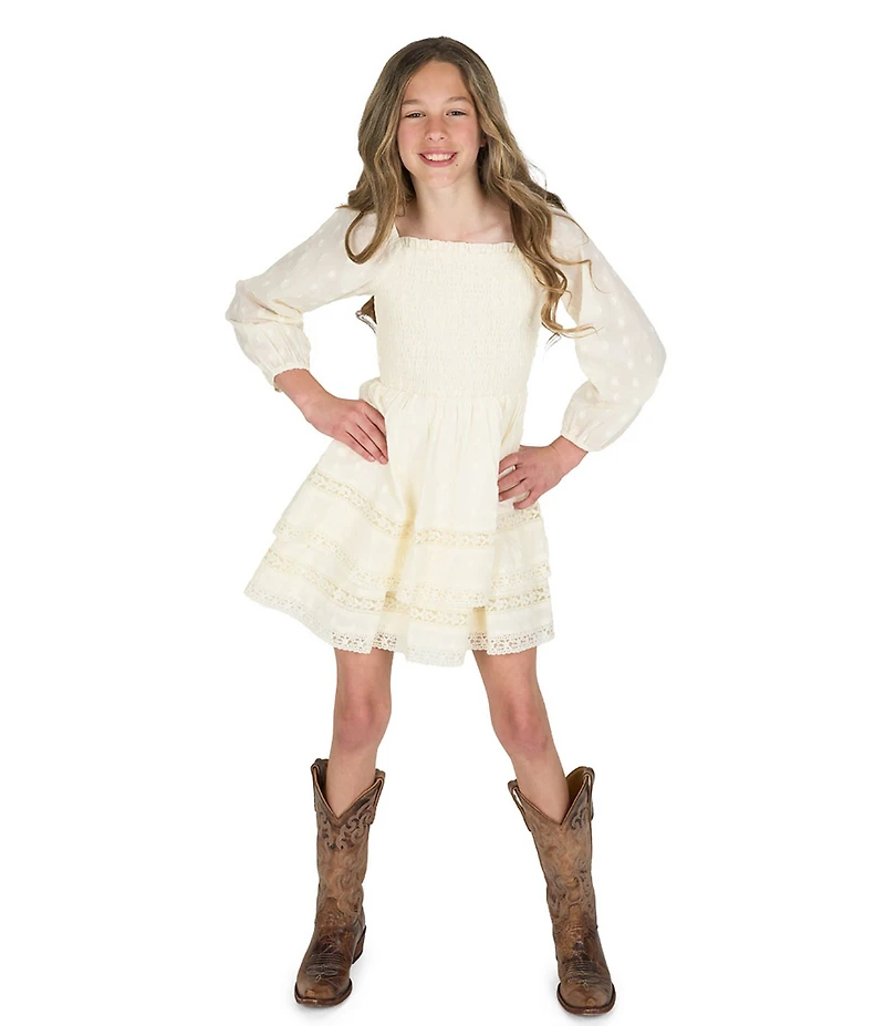 Rare Editions Big Girls Long-Sleeve Clip-Dotted Textured Woven Fit-And-Flare Dress